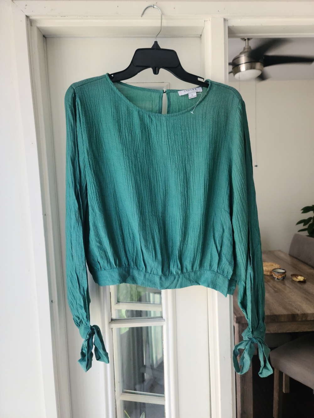 FAVLUX Teal Green Long-Sleeve Tie-Cuff Blouse